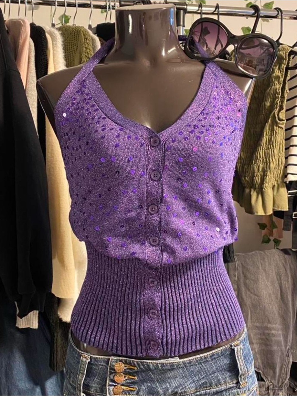 Purple Sequin Halter Ribbed Button-Front Women’s Top
